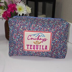 Quilted Makeup Bag Country Cowboys & Tequila Blue Floral 8.5" x 6" x 3"